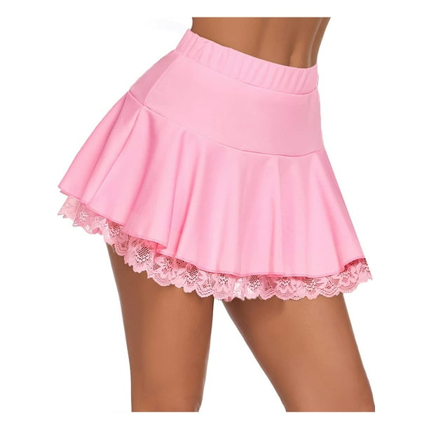  Women Pleated Mini Skirt Sexy Lace Ruffle Solid Skirt Lingerie Short  Skirts Casual Elastic High Waisted Short Skirt Black : Sports & Outdoors