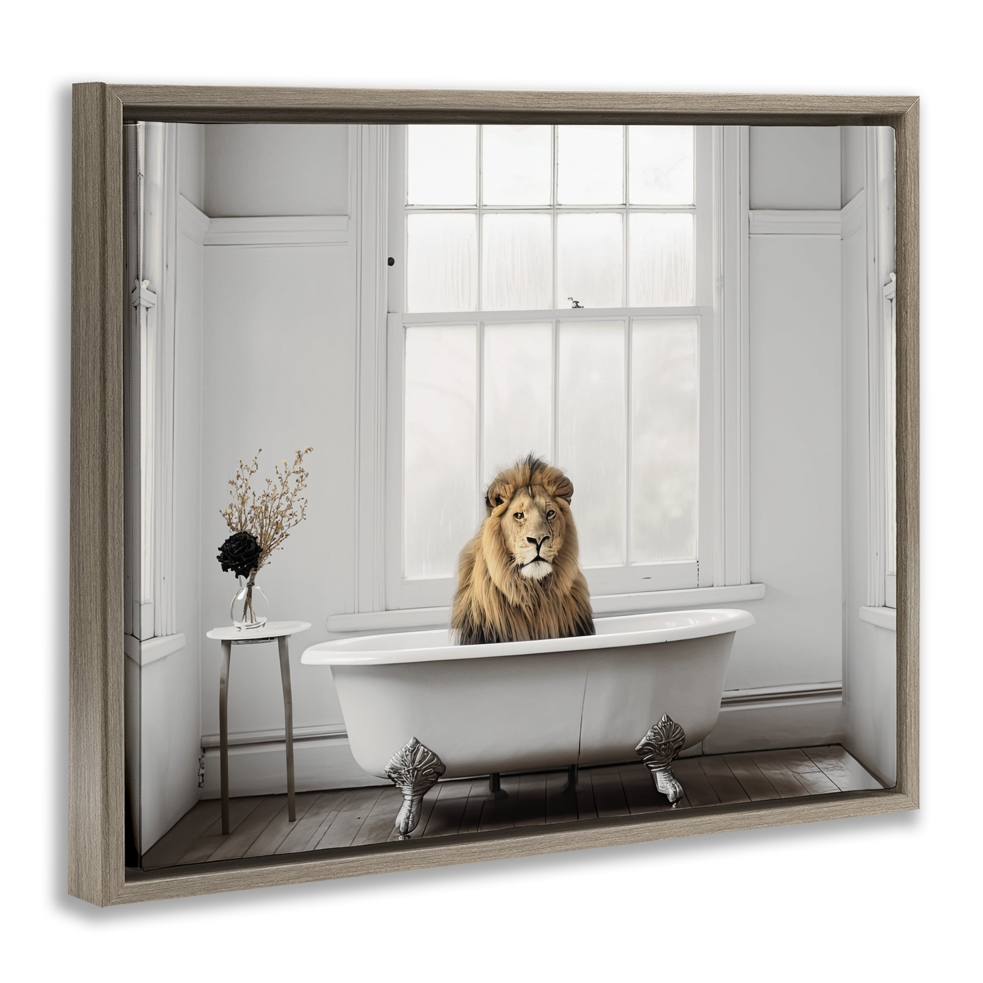 Minimalist Lion Bathtime Brown Framed Floater Canvas Wall Art, design by Sasha