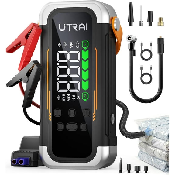 UTRAI Car Jump Starter 6000A with 150 PSI Air Compressor, Portable Battery Jumper for All Gas & 12.0L Diesel, PD 30W Power Bank, LED Light