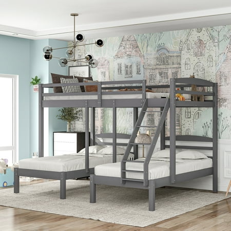 Triple Bunk Bed 1 Drawer  Full-Over-Twin-Twin Bunk Bed Ladder and Full-Length Guardrails  Wood Triple Bunk Bed Frame for Kids Teens  Space Saving  No Box Spring Needed  Gray