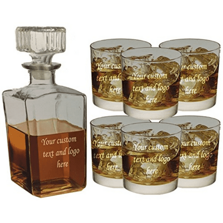 ANY TEXT, Custom Customized Engraved Whiskey Scotch Decanter Set of 6 Glasses 32oz Bottle and 10.5oz Glass - Personalized Laser Engraved Text Customizable (Best Whiskey Bottle Design)