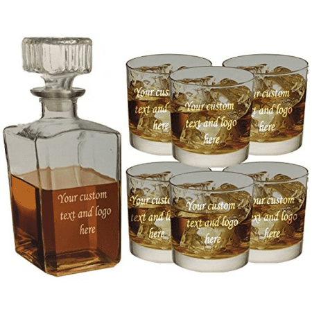 Whiskey Glass Sets ANY TEXT, Custom Customized Engraved Whiskey Scotch Decanter Set of 6 Glasses 32oz Bottle and 10.5oz Glass - Personalized Laser Engraved Text Customizable Gift ()