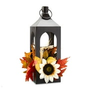 Way To Celebrate Harvest Black Lantern Artificial Arrangement Tabletop Decoration, Cream Sunflower & Orange Leaves, 17.75"