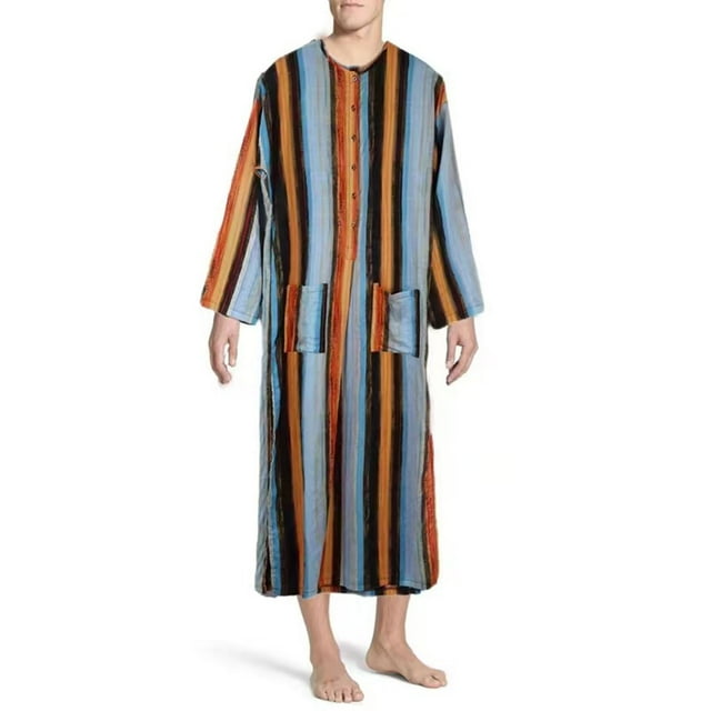 Birdeem Men's Fashion Casual Robe Long Sleeves Double Pocket Stripe Print Long Shirt