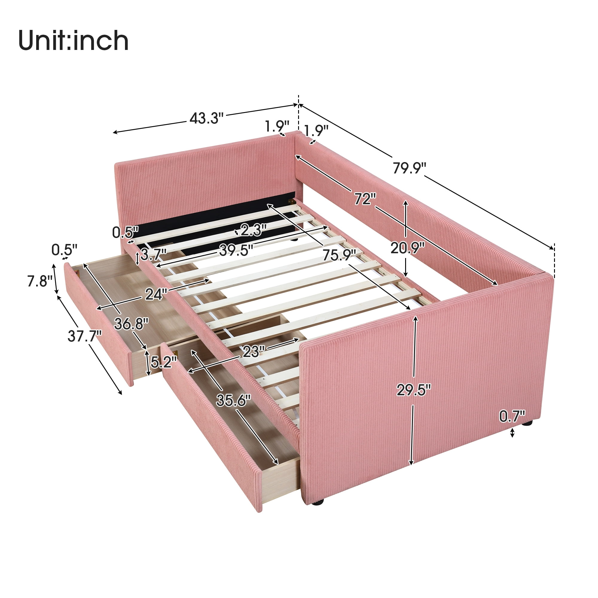 Modern Twin Size Upholstered Daybed with 2 Storage Drawers, Corduroy Fabric Daybed Sofa Bed Frame with Armrests and Wood Slat Support for Bedroom Living Room,Pink