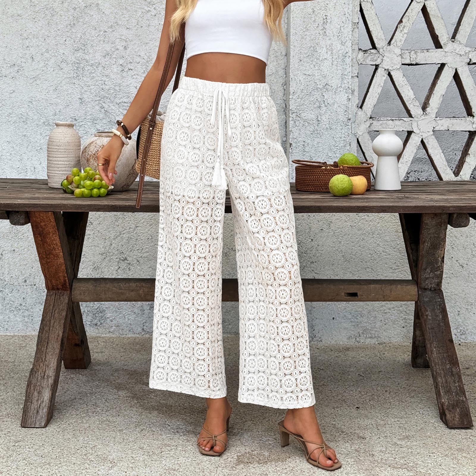 Ladies' White Lace Pants Hollow out Crochet Knit Swimsuit