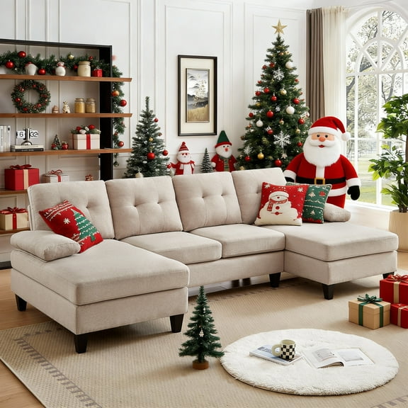 Tornama Versatile 4-Seat L-Shaped Sectional Sofa with Reversible Storage Ottoman & Side Pockets – Perfect for Living Room, Office, or Apartment Beige