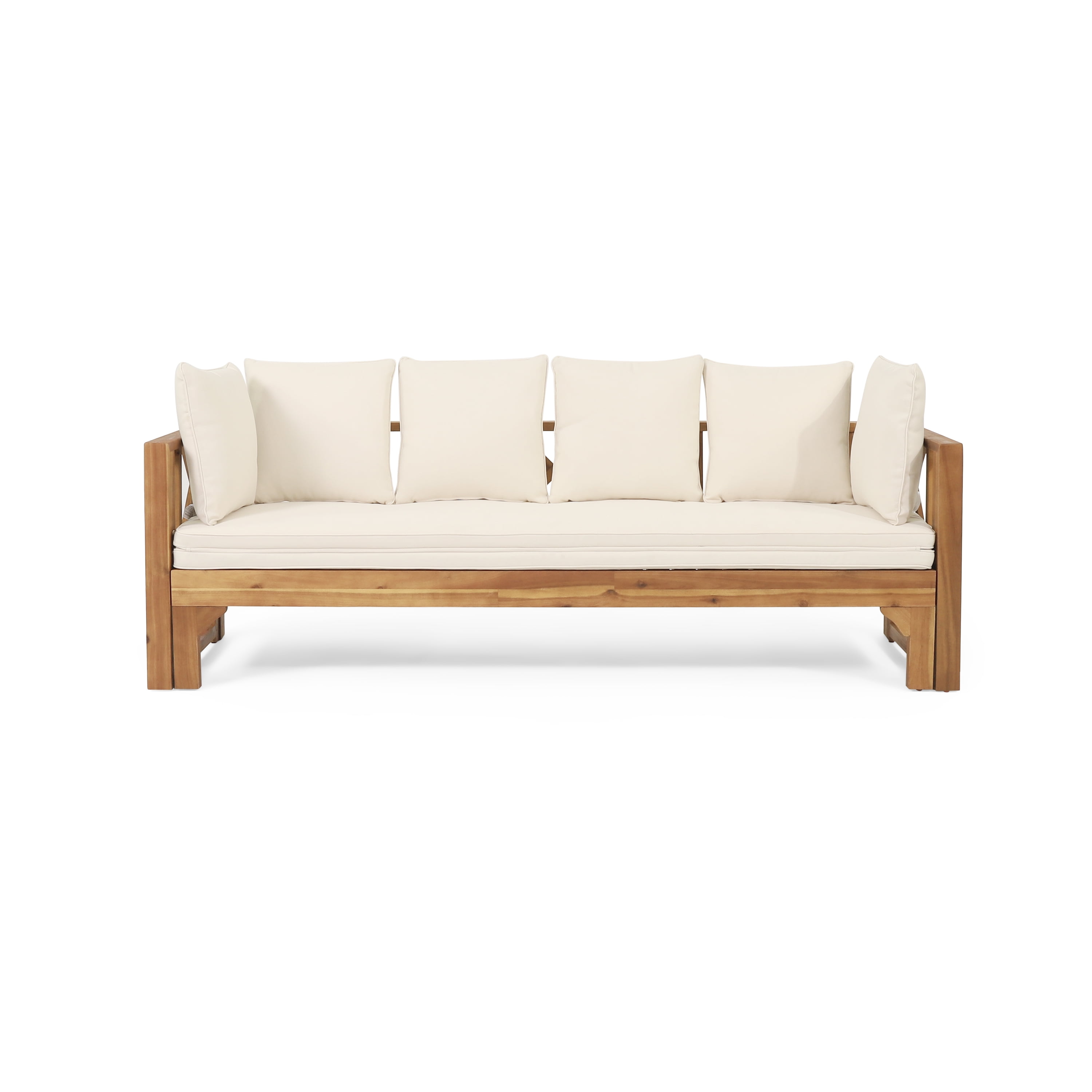 Outdoor 3 Seater Sofa Daybed, Extendable Acacia Wood Leisure Seat for Patio Garden Yard, Teak and Beige