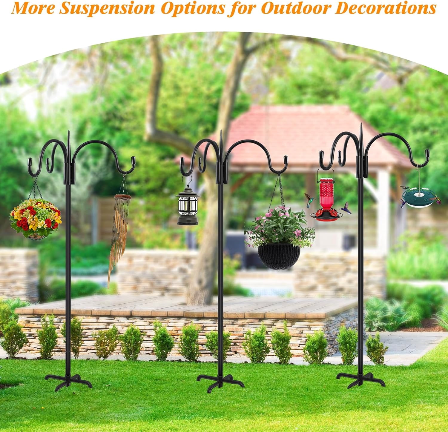 [Upgrade Version 76 Inch Three Shepherd Hooks for Outdoor,Bird Feeder Pole with 5 Prong Base, Adjustable Shepard Hooks for Hanging Plant, Solar Lanterns, Wind Chimes, 1 Pack