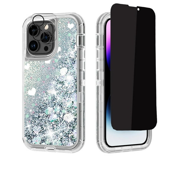 NIFFPD iPhone 14 Pro Max with Screen Protector(Anti Spy Privacy) Camera Lens Protector, Bling Glitter Quicksand Sparkle Clear & Shockproof Protective Cover iPhone 14 Pro Max 6.7" Silver