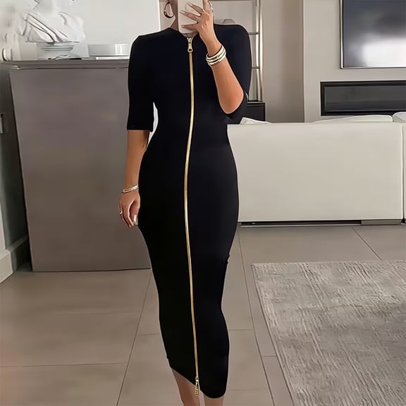 Morttic Women's Casual Zipper Mid-Sleeve Dress – Solid Color Relaxed Fit Tee Dress Comfortable Daily Wear Black,S