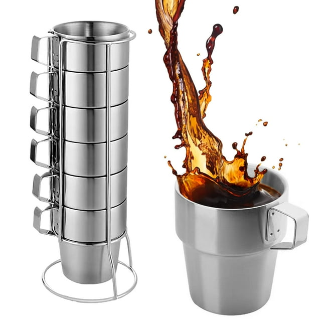 Tazas de café apilables para acampar con asa, tazas de café aisladas de acero inoxidable de 300 ml y 10 oz de doble pared con estante, paquete de 6 (plateado)