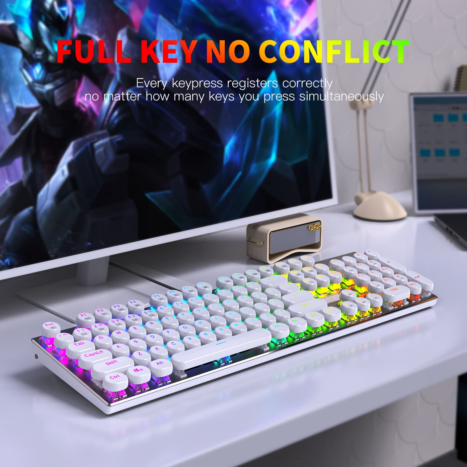 E-Yooso Typewriter Style White Retro Punk Gaming Keyboard with RGB Backlight, 104 Keys Blue Switch USB Wired Keyboard for Windows/Mac/PC
