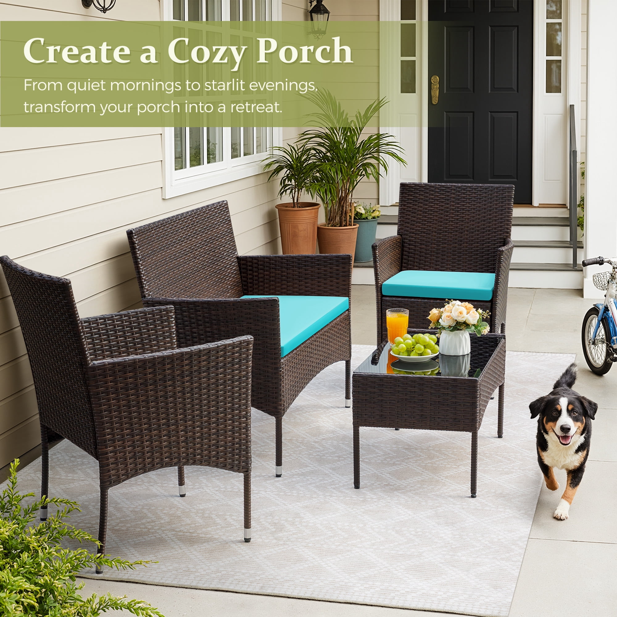 Homall 4 Pieces Patio Conversation Set Outdoor Furniture Rattan Chairs Wicker Seating with Cushion and Table Weather-resistant for Porch Garden Backyard, Blue /Beige