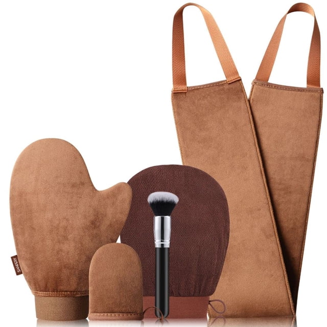 Sanfery Kit de manopla autobronceadora de 5 piezas con aplicador autobronceador para la espalda, cepillo autobronceador, manopla exfoliante y accesorios para un bronceado impecable