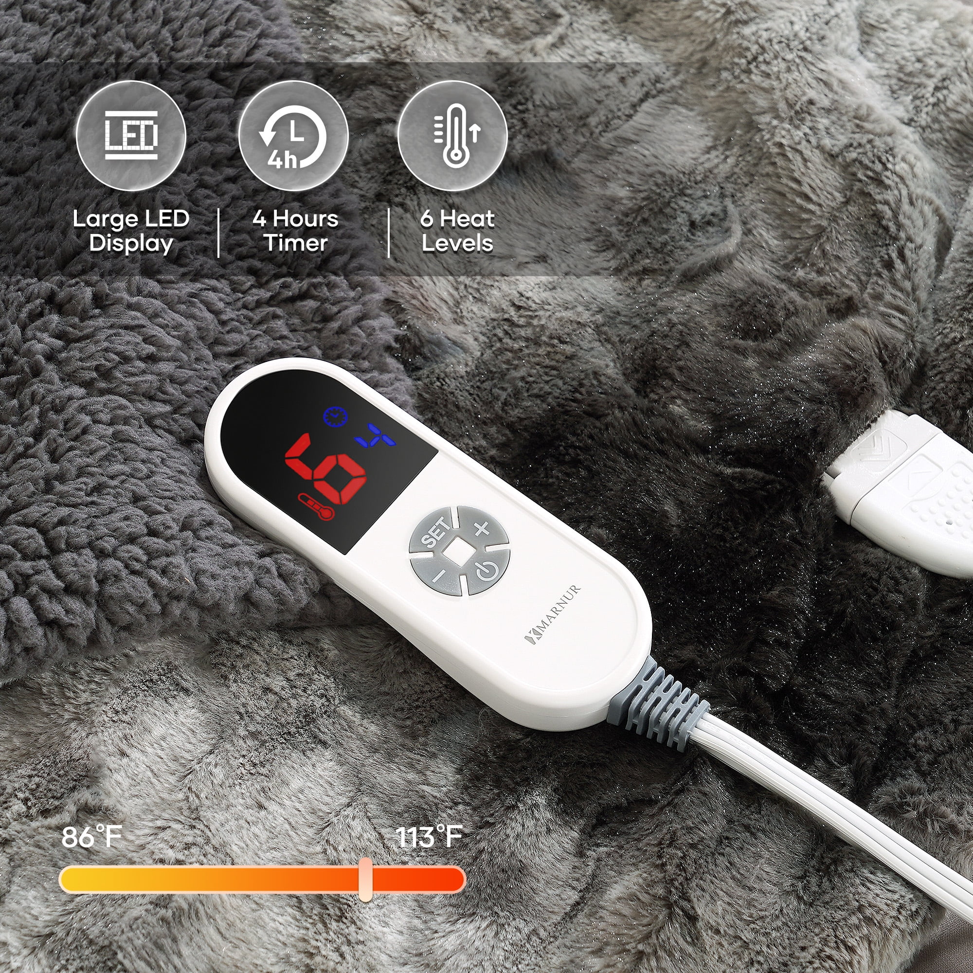 MARNUR Heated Blanket Electric Throw 50" x 60", Soft Faux Fur & Shu Velvet Heated Throw Blanket, 6 Heating Levels, 4 Hours Timer, Tie-Dye Off Gray