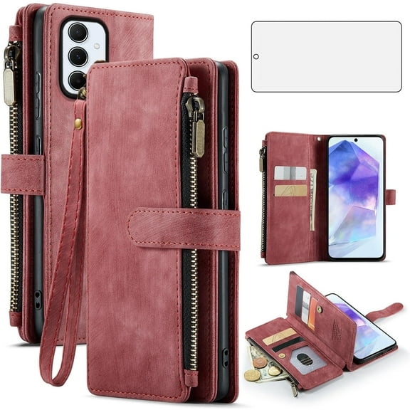 Asuwish Compatible with Samsung Galaxy A55 5G Wallet Phone Case and Tempered Glass Screen Protector Faux Leather Flip Credit Card Holder Stand Zipper Slot Cell Cover for A 55 55A A555G Women Red