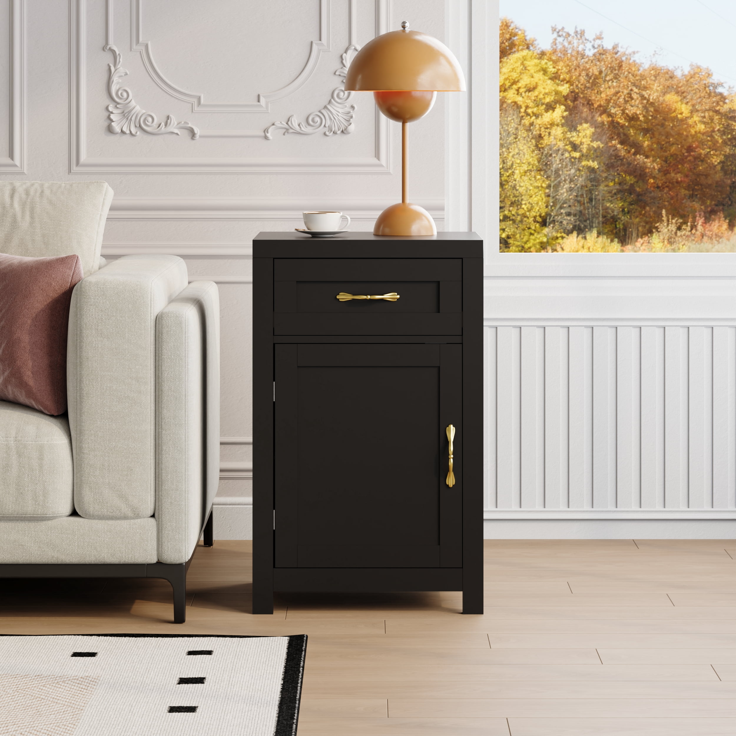YouTrend Farmhouse End Table with Drawer and Storage Cabinet for Living Room,Rustic Adult Nightstand for Bedroom,Black