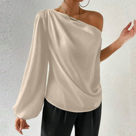 Cavosen One Shoulder Tops for Women Long Sleeve Pullover Shirts Tunic Solid Flowy T-Shirts Elegant Holiday Tops Fashion Loose Blouse Workout Resort Tees Summer Clothes Beige L