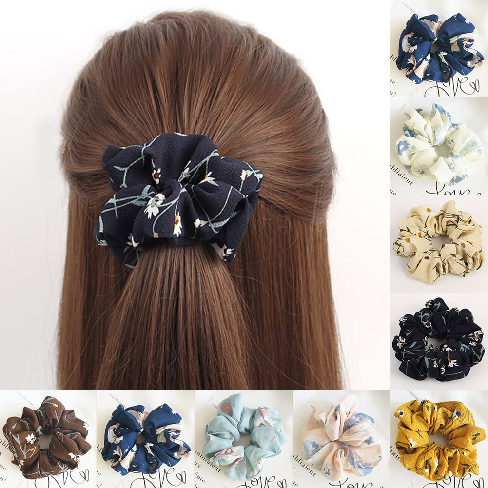 5 Pcs Chiffon Flower Hair Ties Elastics Print Scrunchies Hair Scrunchies Hair Bands Hair Accessories for Women and Girls