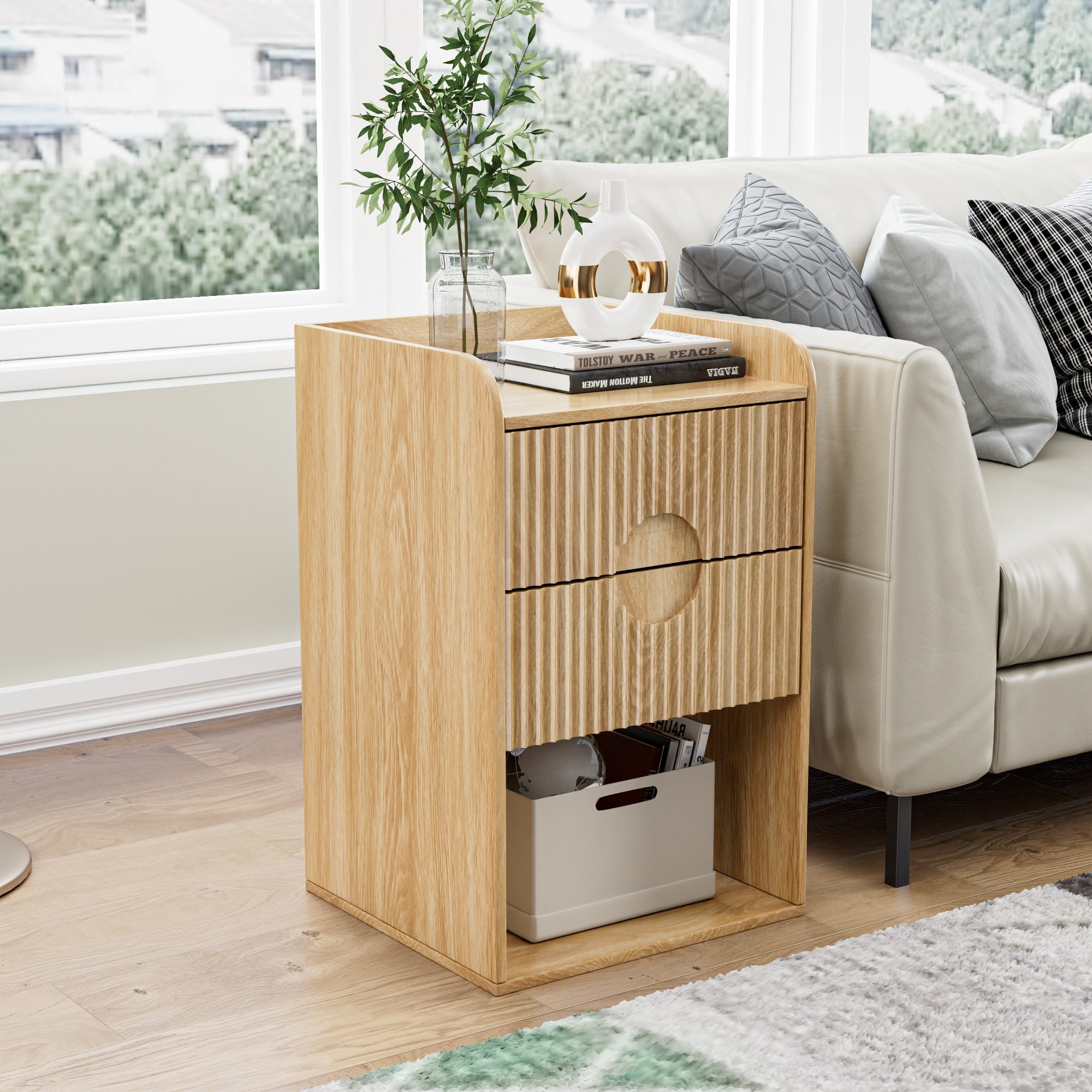 Nightstand Set of 2, End Table with Drawer, Fluted Side Table with Storage, Small bedside Table for Bedroom, Wood