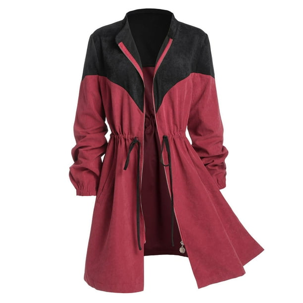 Más el tamaño de pana Bicolor lazo de la cintura Zip Up Escudo Rosegal Abrigos de talla grande