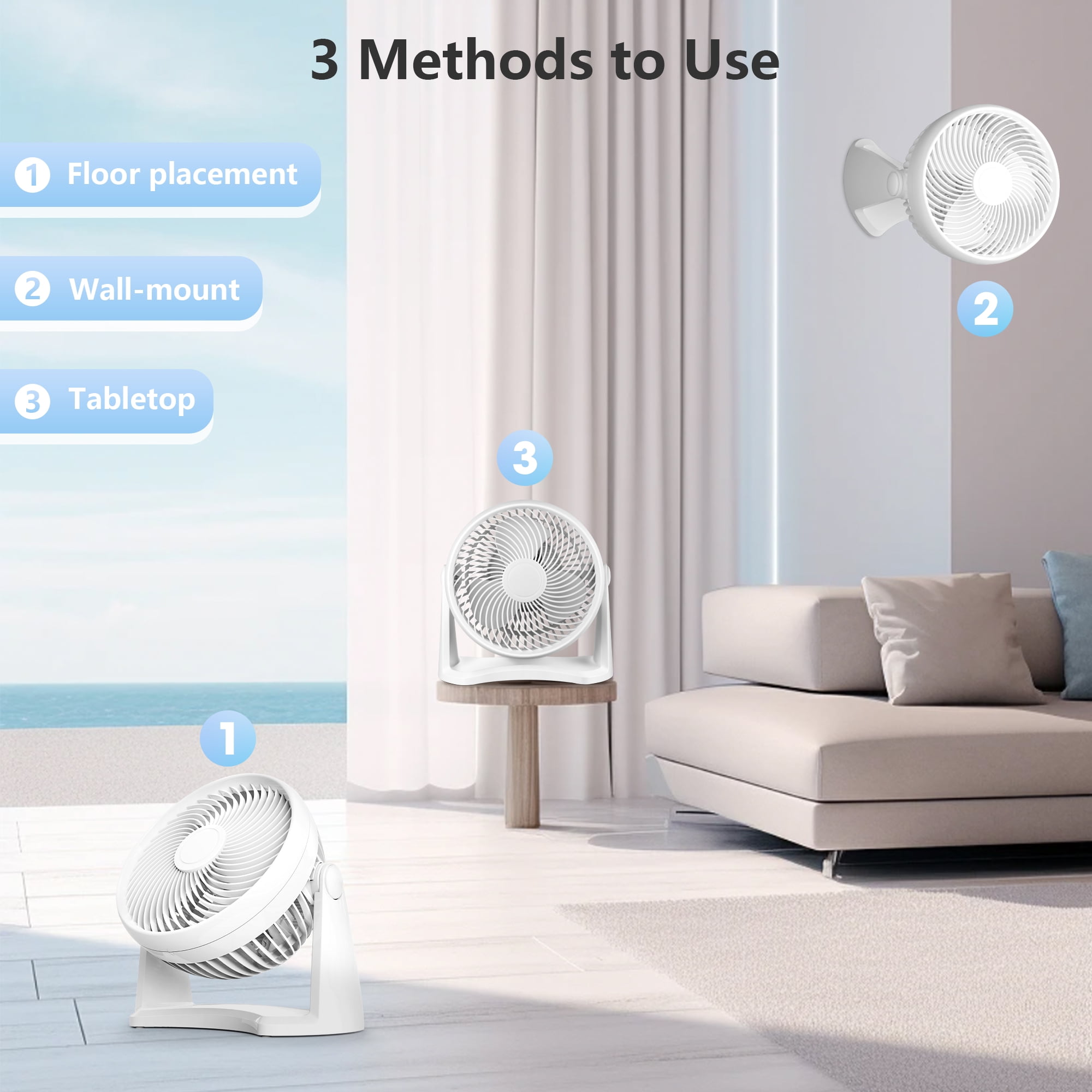 Qunler Table Fan, 9" Quiet Air Circulator Fan with 3 Speeds & 90° Pivoting Head, Air Conditioner Companion Small Desk Fan for Bedroom, Home, Office, Wall-Mounting Available, White