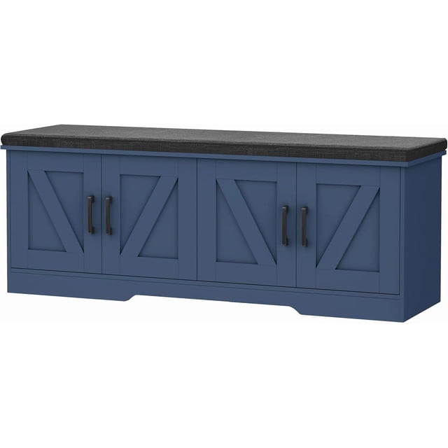 Storage Bench Shoe Bench with Padded Seat Cushion Entryway Bench with Barn Doors Adjustable Shelf for Entryway Living Room Bedroom