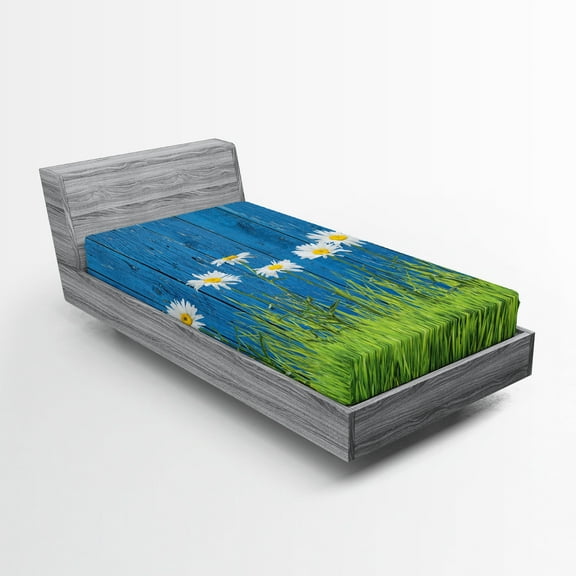 Ambesonne Flower Fitted Sheet, Spring Grass and Daisy, Twin Size, Blue Green White
