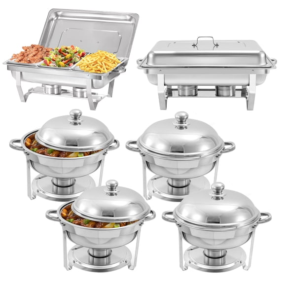 PRIJESSE 6 Pack Chafing Dish Round 6QT×4 Rectangular 1/3 pan×2 Chafers Stainless Steel Catering Buffet Warmer Set for Parties,Events,Wedding,Dinner