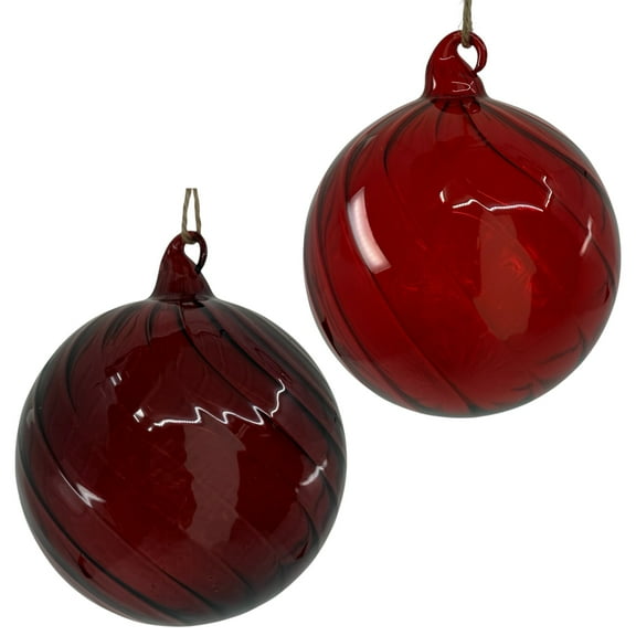 Red Glass Ornaments - Swirl Blown Glass Holiday Christmas Tree Decorations, Ox Blood Red Set of 2