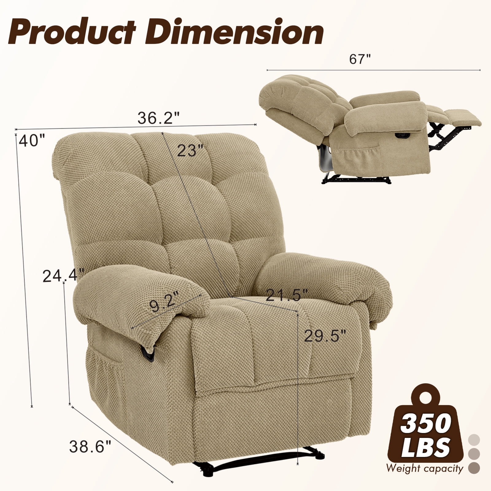 MOONMISS Recliner Chair, Comfortable Lay-Flat Sofa for Living Room, Beige