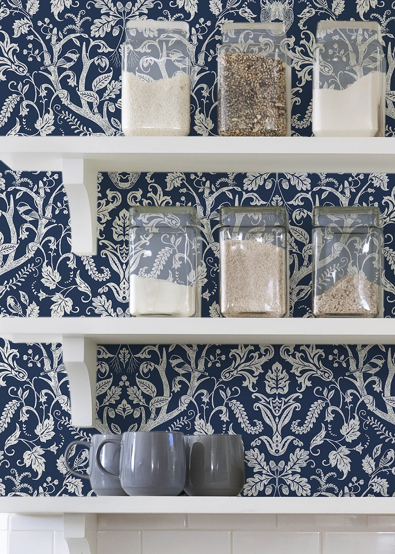 NuWallpaper Navy Escape to the Forest Vinyl Peel And Stick Wallpaper, 216-in by 20.5-in, 30.75 sq. ft.