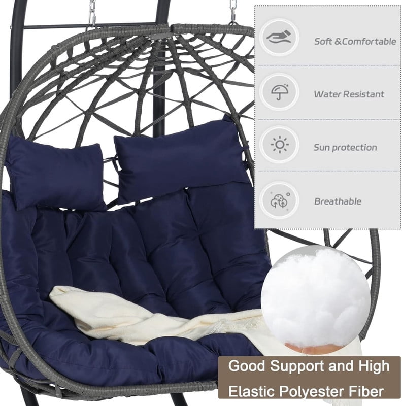 Double Swing Egg Chair with Stand,2 Person Indoor Outdoor Wicker Loveseat, Oversized Patio Hanging Basket Chair with Cushions, Cozy Sturdy Porch Swing for Backyard