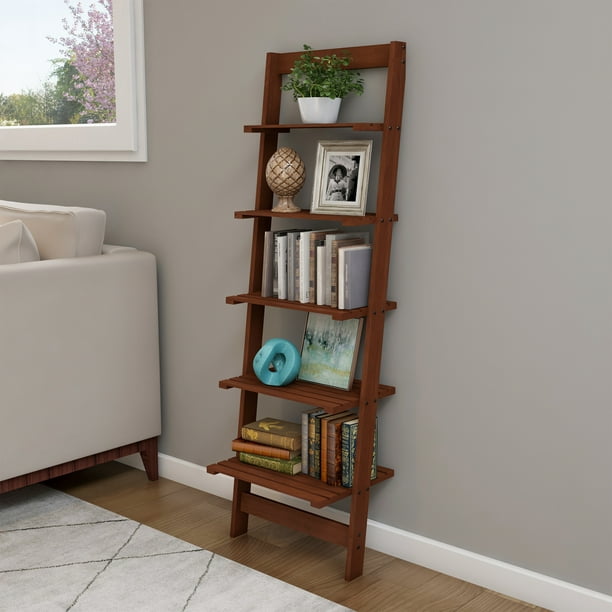 5 Tier Ladder Bookshelf Leaning, Ladder Espresso Wood 5 Shelf Bookcase