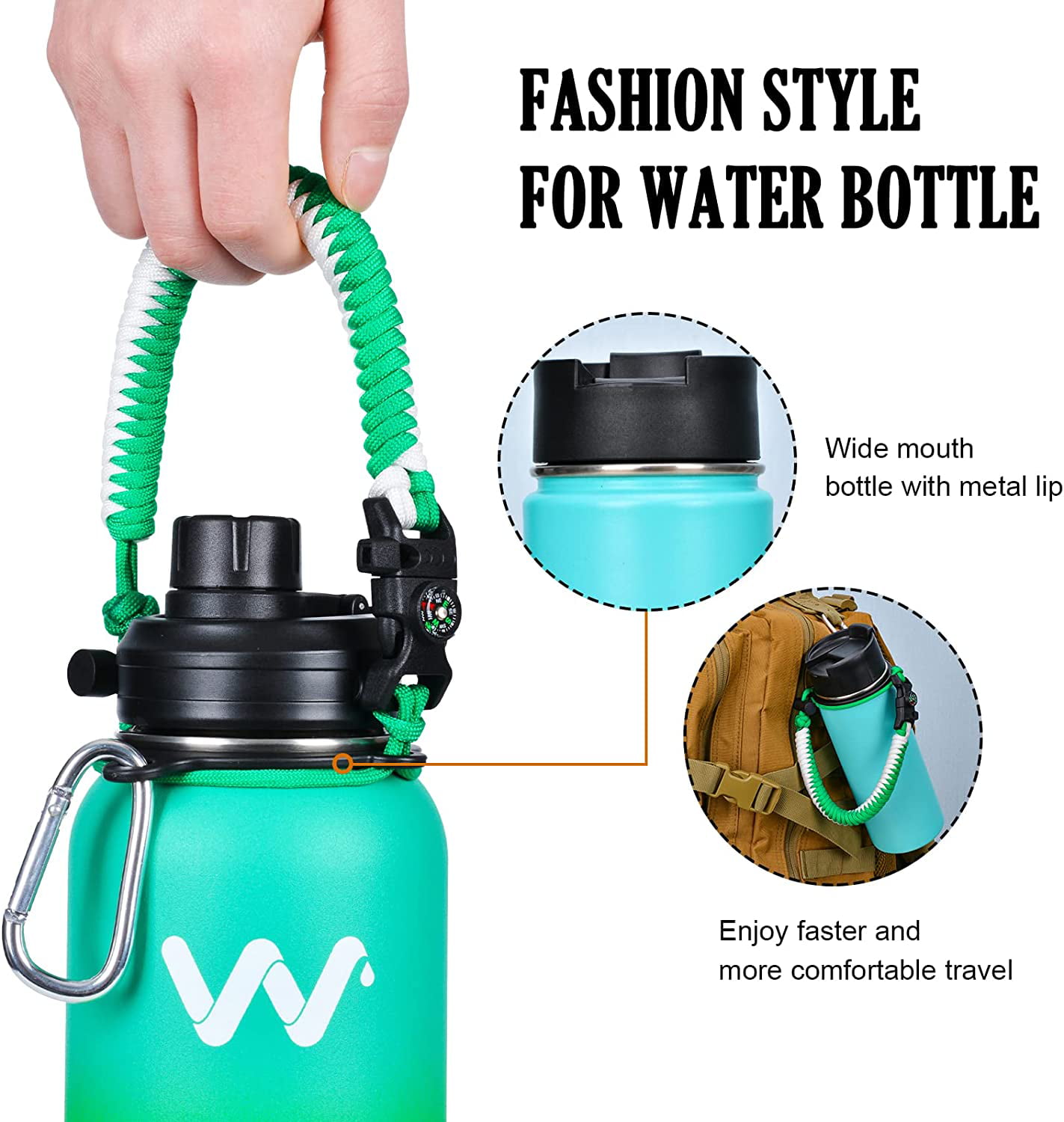 Trebo Paracord Handle for All Wide Mouth Watter Bottles 12oz - 128oz,  Bottle Carrier Survival Bracelet Strap Cord Accessories with Safety Ring  Compass