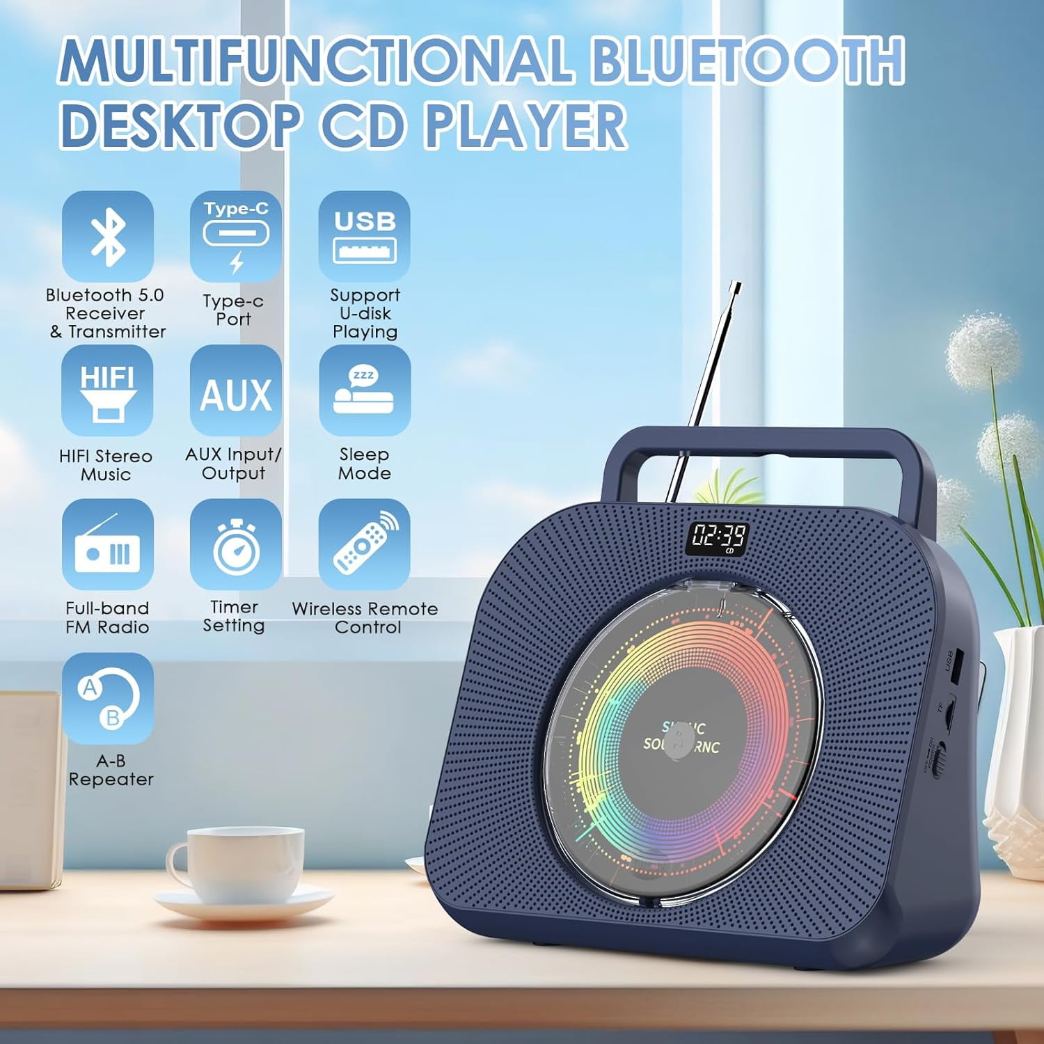 Gueray CD Player for Home, Bluetooth Desktop CD Player with Speakers, Headphone Jack FM Radio CD Player with Remote Control