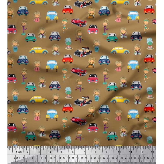 Soimoi Rayon Crepe Fabric Cartoon Girl & Car Transport Print Fabric by The Yard 46 Inch Wide