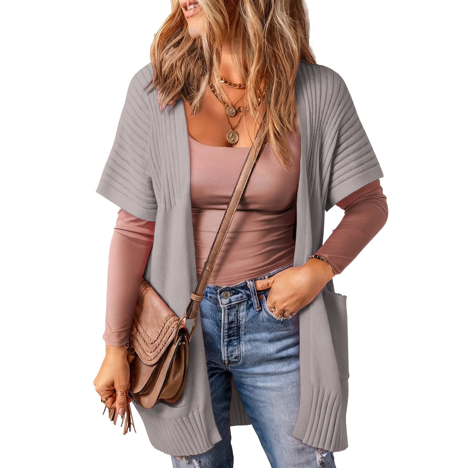 Women Long Sleeve Open Front Cardigan Casual Lightweight Cardigans Loose Knit Outwear with Pockets