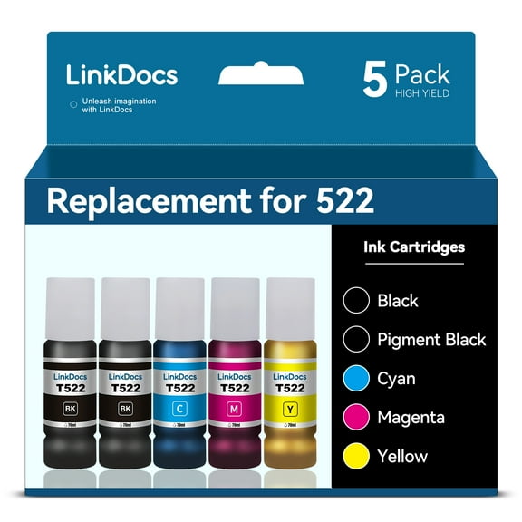 LinkDocs High Capacity Ink Bottle Replacement for Epson 522 Ink Bottles used with ET-2803 ET-2800 ET-2720 Printer (5 Bottles, 4 Color)
