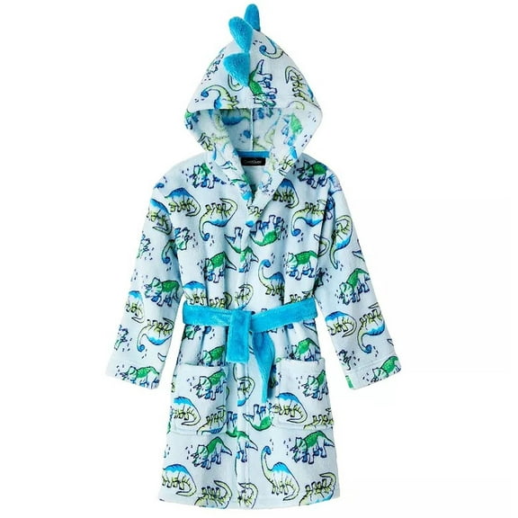 Dinosaur Bathrobe for Toddler Boys, Soft Plush Blue Hooded Dino Robe, Size 5T