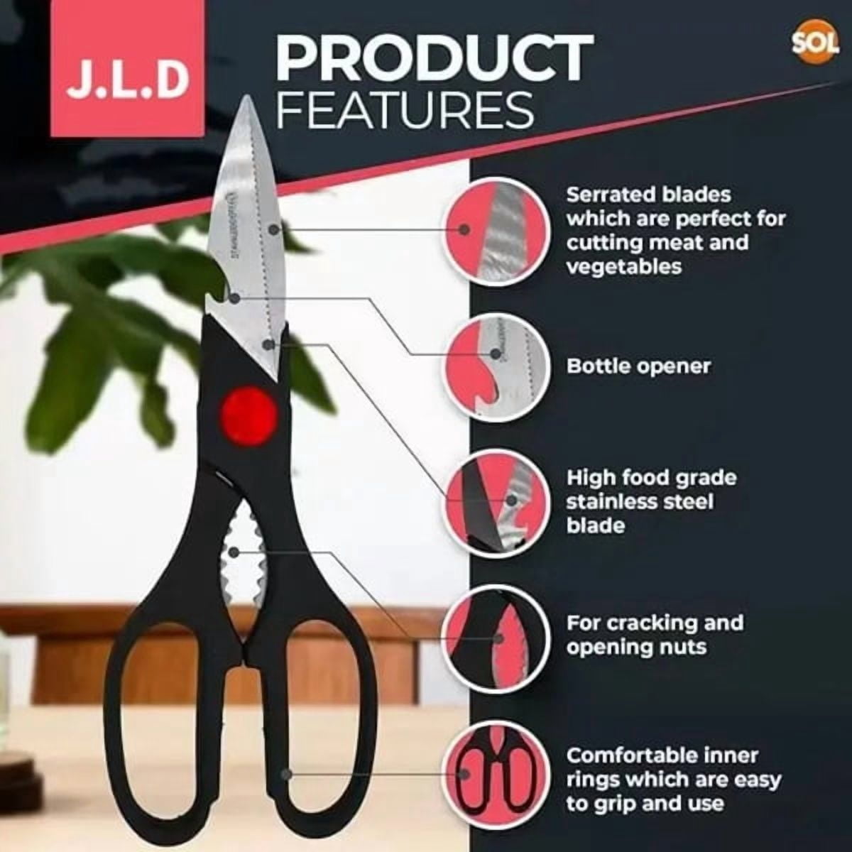 Multi-Functional Kitchen Scissors - Stainless Steel Blade, Ergonomic Grip - Cuts Meat, Veggies, Opens Bottles/Nuts, Dishwasher Safe