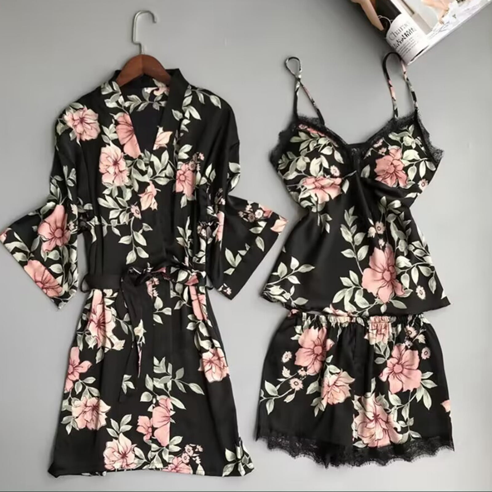 BONIXOOM Pajamas For Women Family Christmas Pajamas Matching Sets Loungewear Belt Short Sleeve Sleepwear Sets Solid Black XXL