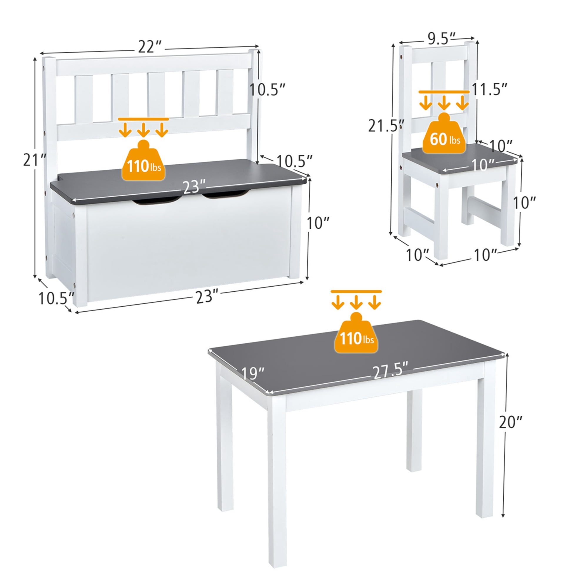 Costway 4 PCS Kids Wooden Activity Table & Chairs Set with Storage Bench Study Desk Grey