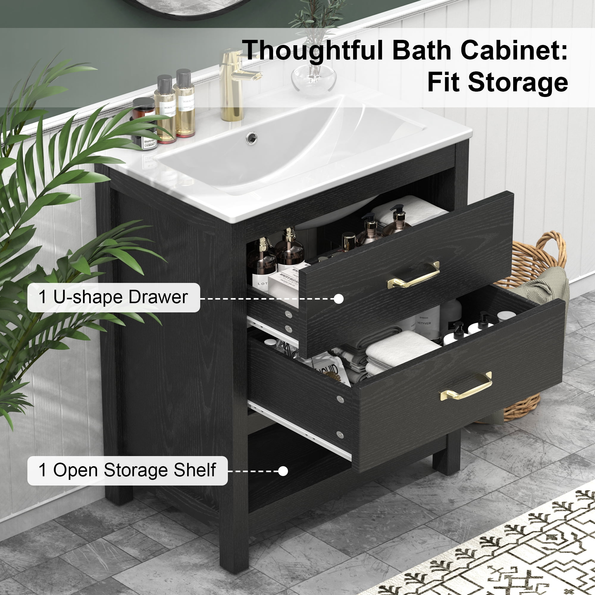 EVOKEDEN 24” Bathroom Vanity with Sink, Modern Bathroom Cabinet Set with LED Light for Small Space, 2 Soft-Close Drawers with Organizer, Black