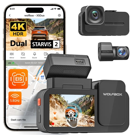 WOLFBOX X5 Duo 4K 2.5K Dash Cam Front and Rear, STARVIS 2 Night Vision, 5.8GHz Wi-Fi & GPS, EIS Anti-Shake, Voice Control (Card Not Included)