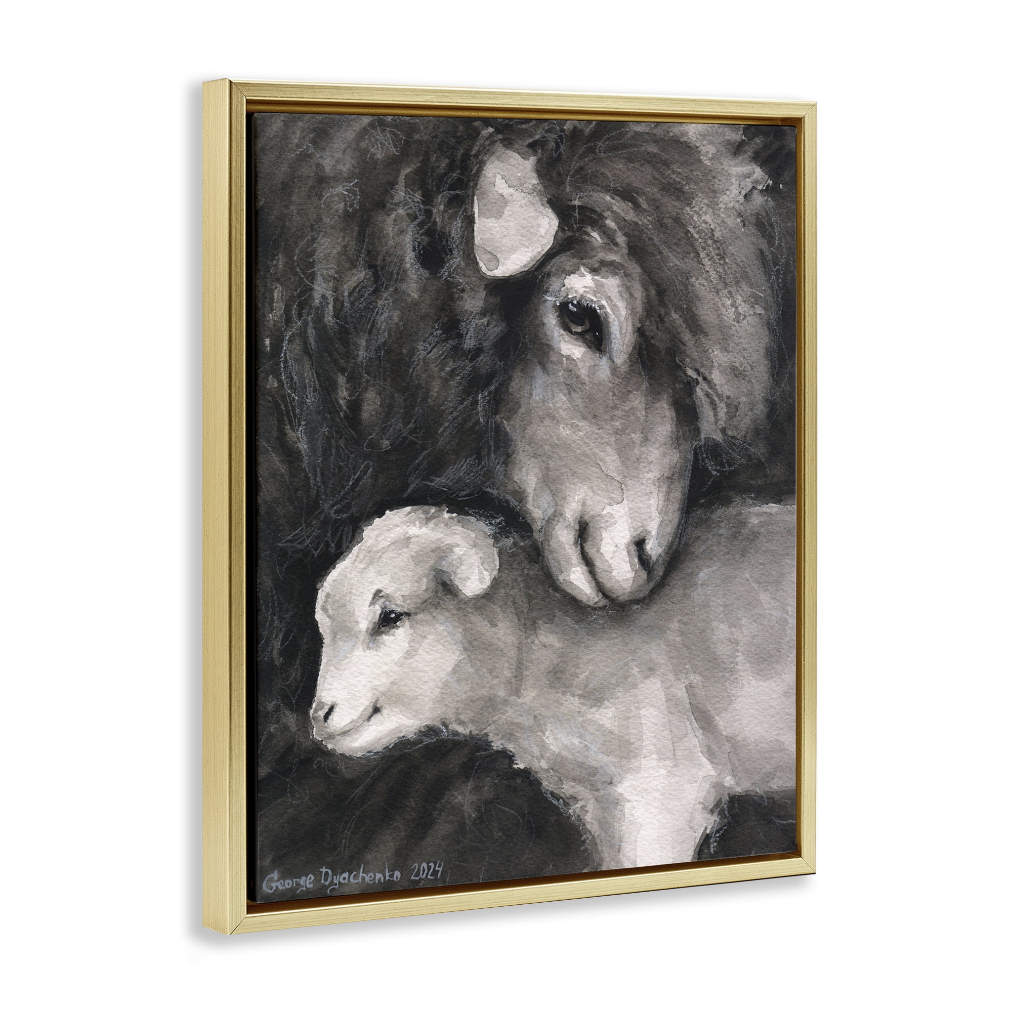 Stupell Industries Cuddling Sheep & Lamb Animals Painting Gold Floater Framed Canvas Art Print Wall Art, 17 x 21