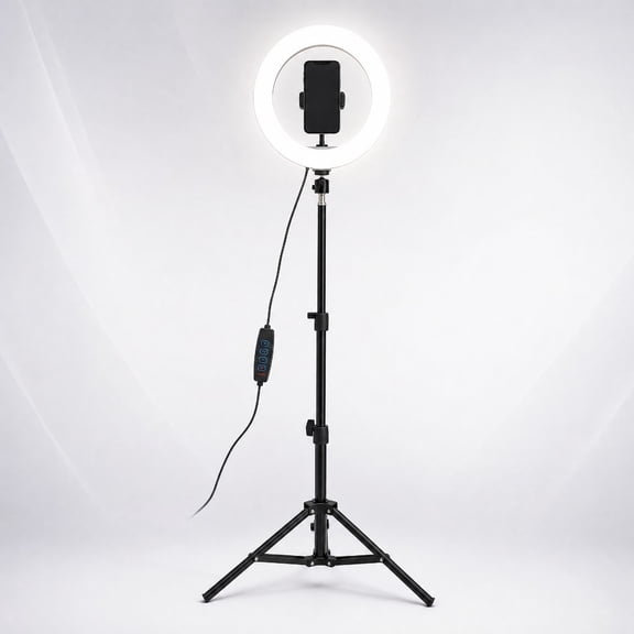 Adjustable LED Ring Light Kit, 26cm Circle Light with Tall Tripod Stand Phone Mount, USB Control Dimmable Lighting for Vlog Portrait Shooting Online Meeting Beauty Make‑up