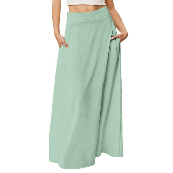 MIXUE Skirts For Women Summer Solid Color Elastic High Waist Casual Maxi Skirt Daily-Wear,Green,L