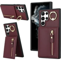 Samsung Galaxy S22 Ultra Case with Card Holder for Women, Samsung Galaxy S22 Ultra Phone Case Wallet with Credit Card with Ring Kickstand Zipper Shockproof Slim Stand Case - Red Wine